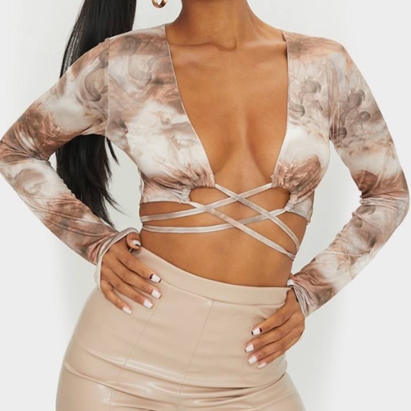 PLT Camel Soft Touch Tie Wrap Around Print Long Sleeve Crop Top - Picture 1 of 7